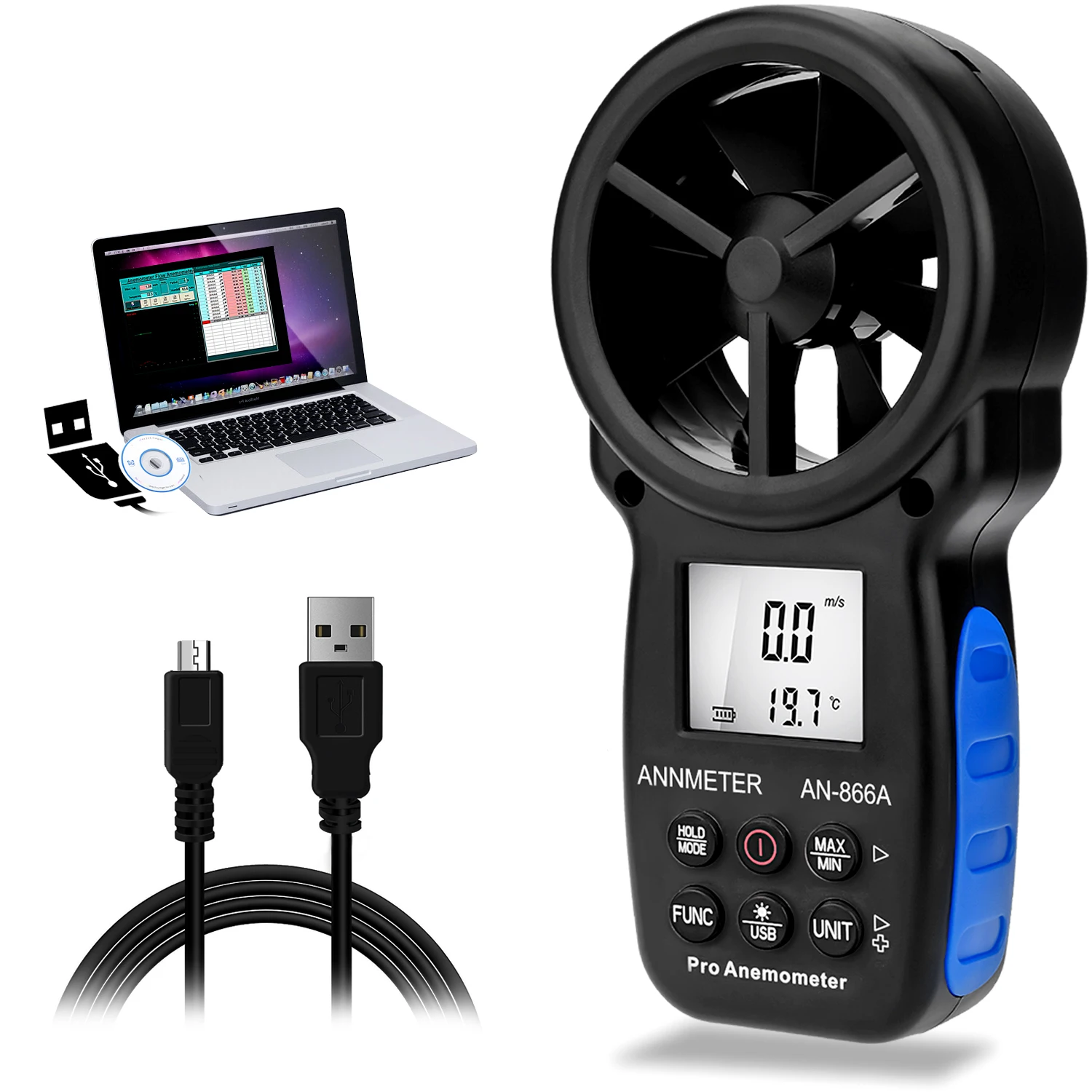 

Handheld HVAC Anemometer for CFM Air Flow, USB PC Connection, Backlit Wind Speed Meter for Kite Flying, Sailing, Surfing