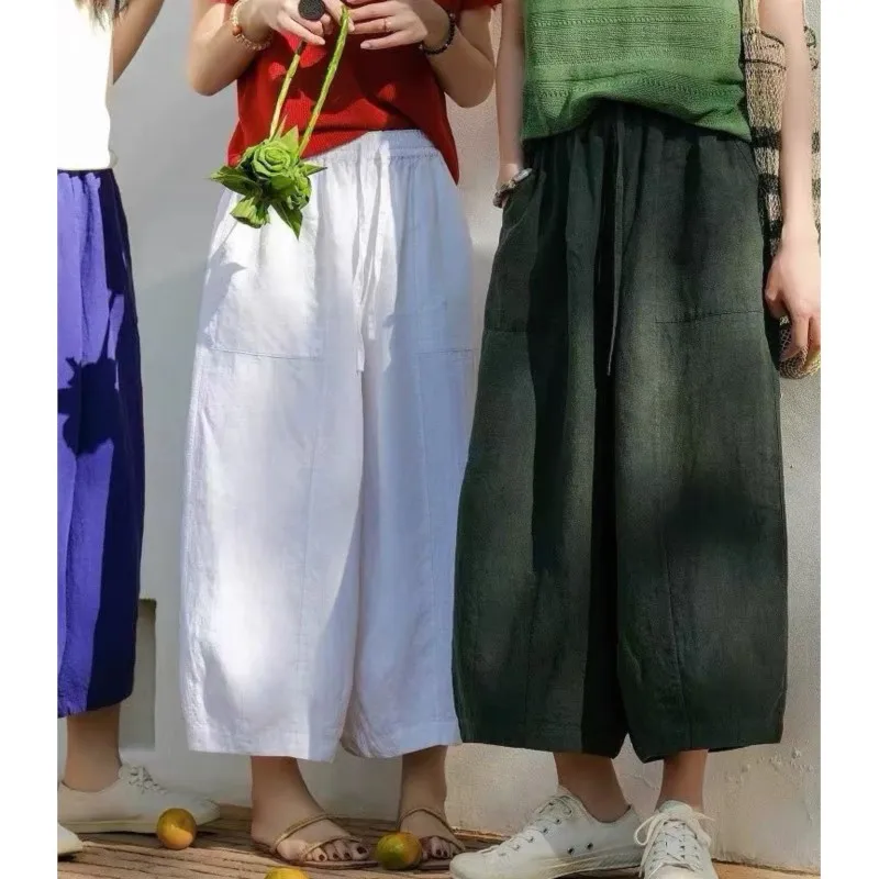 Johnature New Linen Casual Pants For Women Summer Loose Versatile Age Reducing Elastic Waistband Tied Straight Leg Cropped Pants