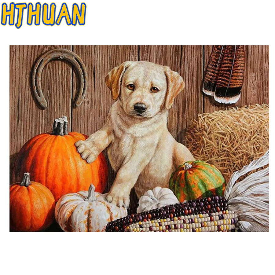 Labrador Dog and Pumpkins Diamond Painting, Full Drill, Cross Stitch Embroidery, Home Decorative Craft, DIY