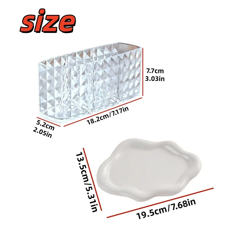 3-Piece High-Value Beauty Storage Set, Diamond Three-Compartment Transparent Makeup Brush Holder + 2 Cloud-Shaped Storage Trays, Multifunctional Cosmetic Storage Box, Waterproof Bathroom Accessories, Suitable for Organizing Lipstick, Makeup Brushes, Perfume, Jewelry, and Skincare Products on Vanity Tops, in Bedrooms, and Bathrooms view 6