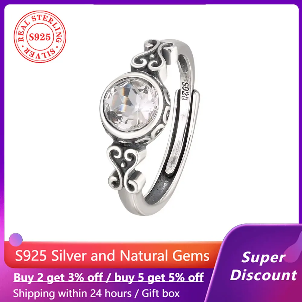 

Vintage 925 sterling silver ring with natural white crystal gemstones exquisite and elegant women's ring jewelry accessory Gift