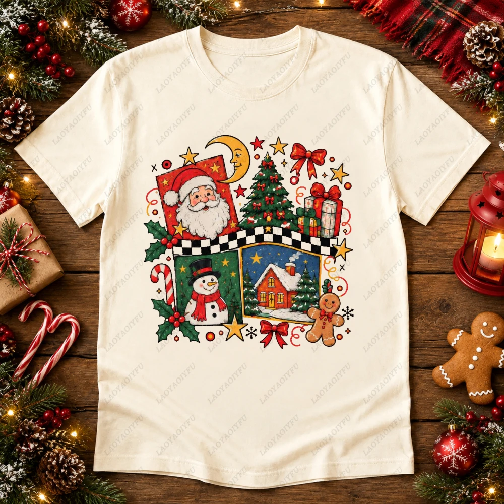 ingerbread House Christmas T Shirt Women Cute Checkerboard Santa Snowman Print Tee Short Sleeve Cotton Holiday Tops Xmas Party