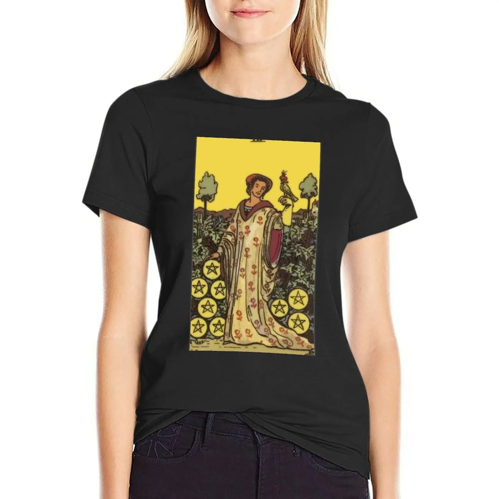 Nine of Pentacles Tarot Card Rider Waite Classic T-Shirt plus sizes lady clothes Female clothing tops Women tops