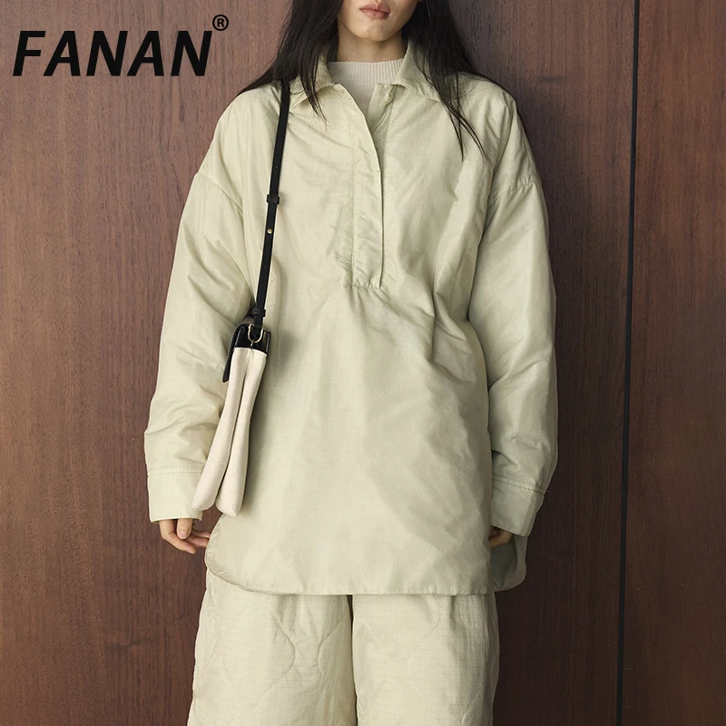 

FANAN Korean Style Thick Warm Cotton Jackets For Women Lapel Pullover Coats Solid Minimalism Outwear Fashion 2025 Winter New