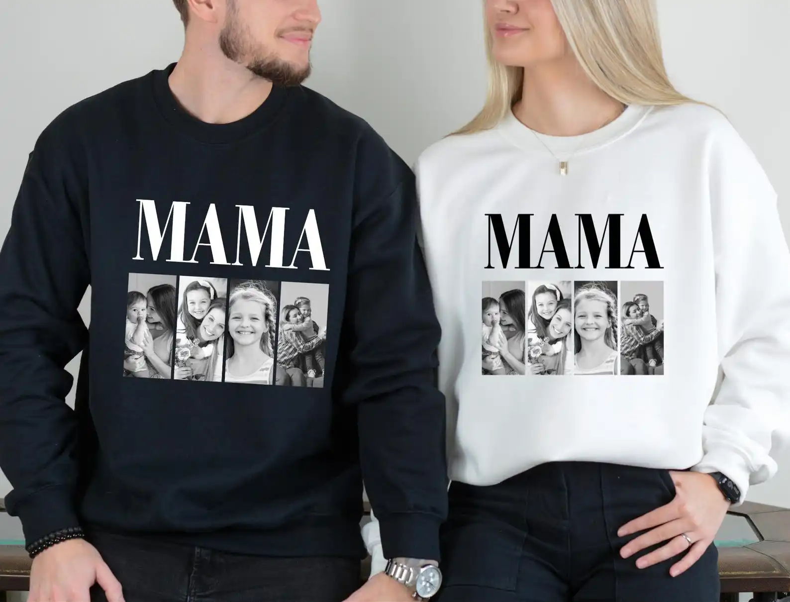 

Custom Text Name Photo Mama Dad Sweatshirts Unisex Long Sleeve Loose Sweater Personalized Gift for Mother Father Day Family