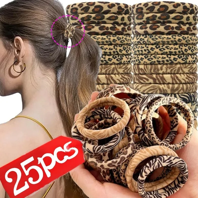 Aksesoris rambut wanita, 5/25 buah motif macan tutul elastis tali rambut Wanita Mode Super elastis pemegang ekor kuda poni, aksesoris rambut cincin handuk anak perempuan