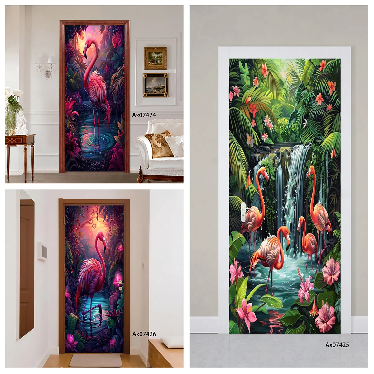 Door Decal Waterproof Removable Sunset Flamingo Dark Neon Jungle Home Ornament Home Interior Entry Door Wall Decor Self Adhesive