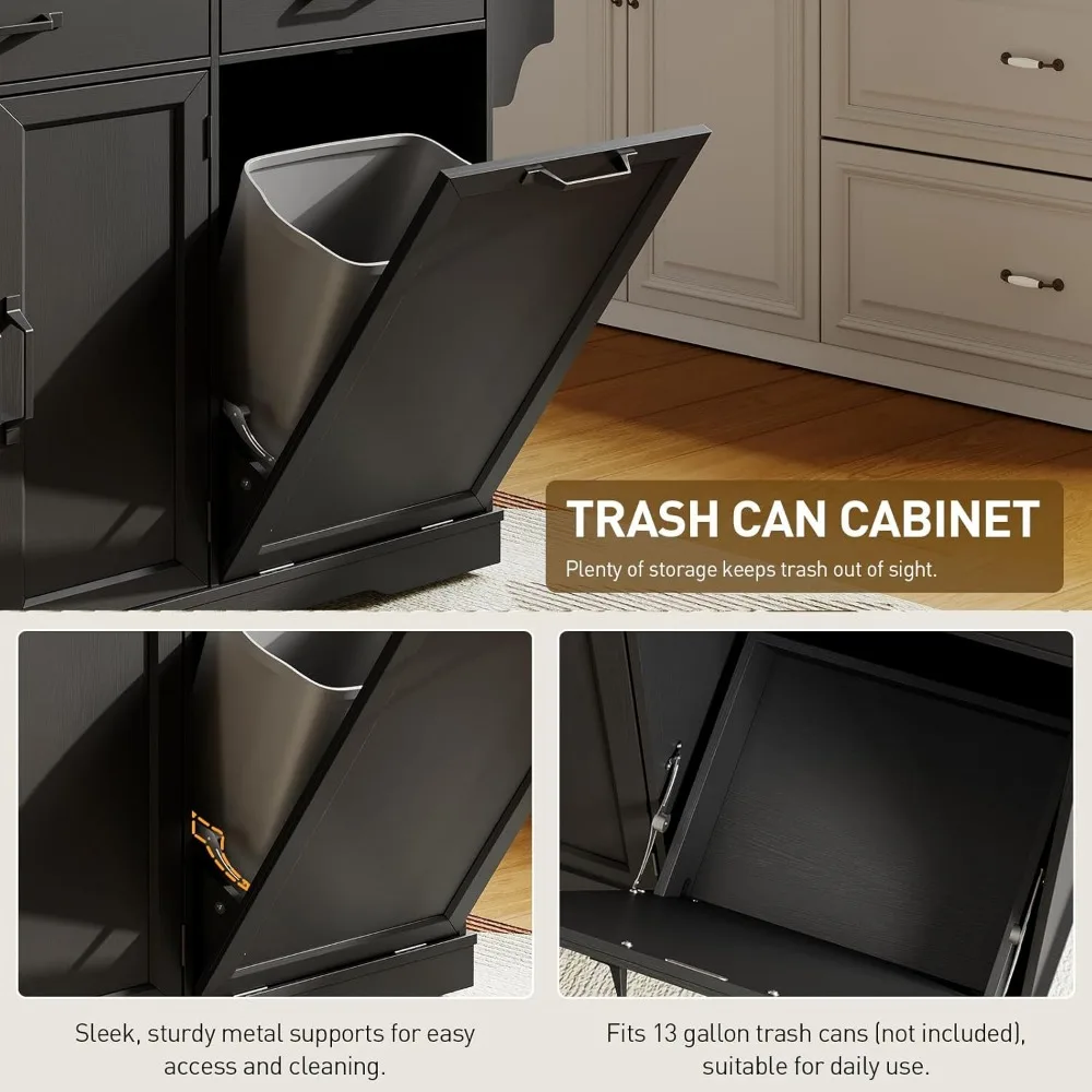 جزيرة المطبخ مع طاقة مدمجة وجوانب قابلة للطي، عربة تخزين محمولة مع حاوية سلة مهملات، مطبخ ريفية متدحرجة