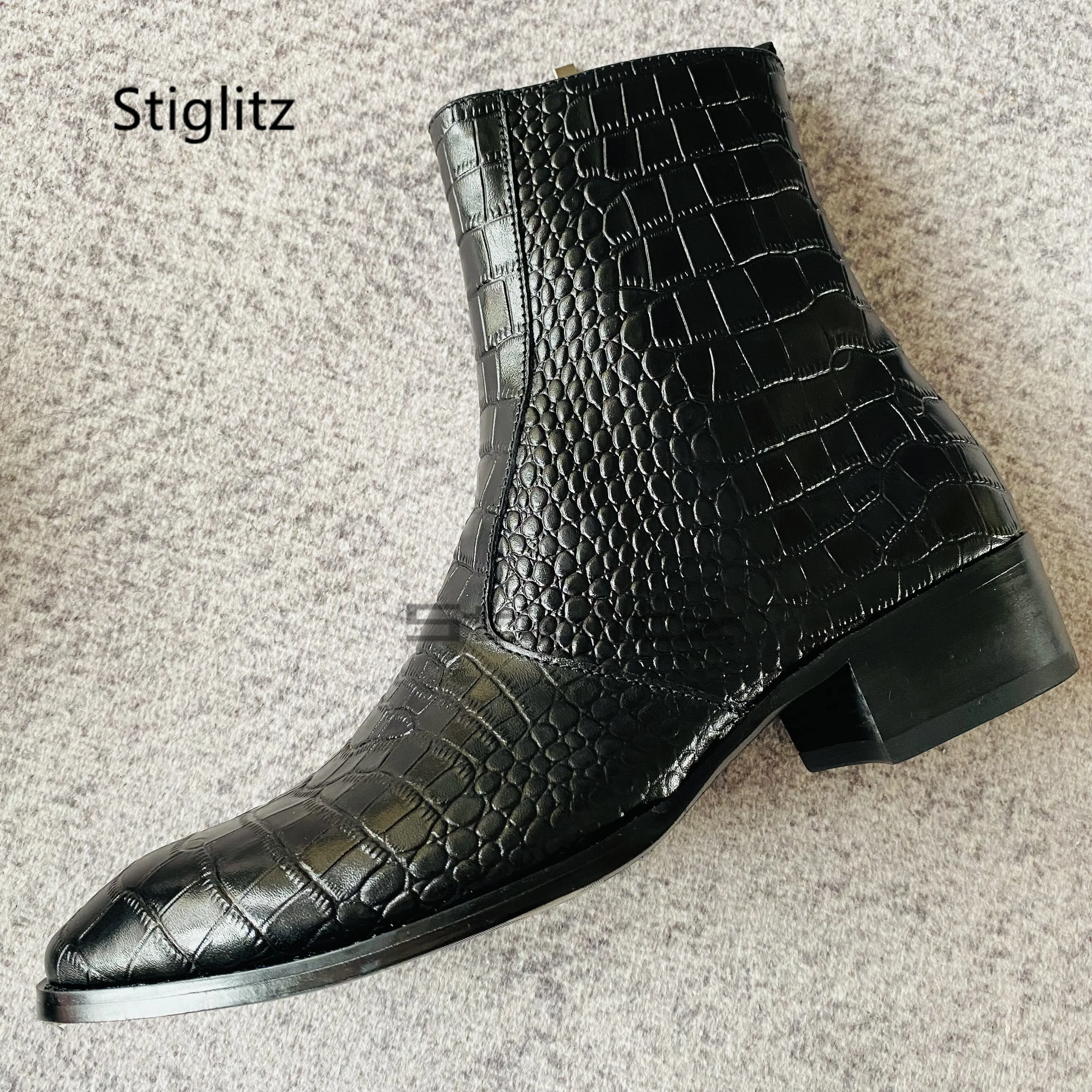 Alligator Leather Ankle Boots for Men Genuine Leather Zip Pointed Toe Thick Heel Black Chelsea Boots Business Dress Male Shoes