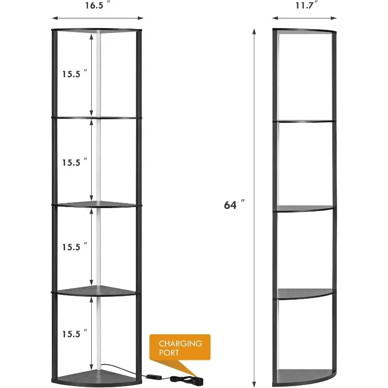 Corner Shelf with LED Light, 64 Inch Tall 5 Tiered Stand Shelf Organizer for Wall Corner, Metal Frame Wood Storage Rack Display