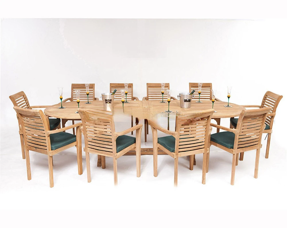 Dining Stackable Chairs and Extension Table Solid Teak Wood Garden Sets Outdoor Furniture