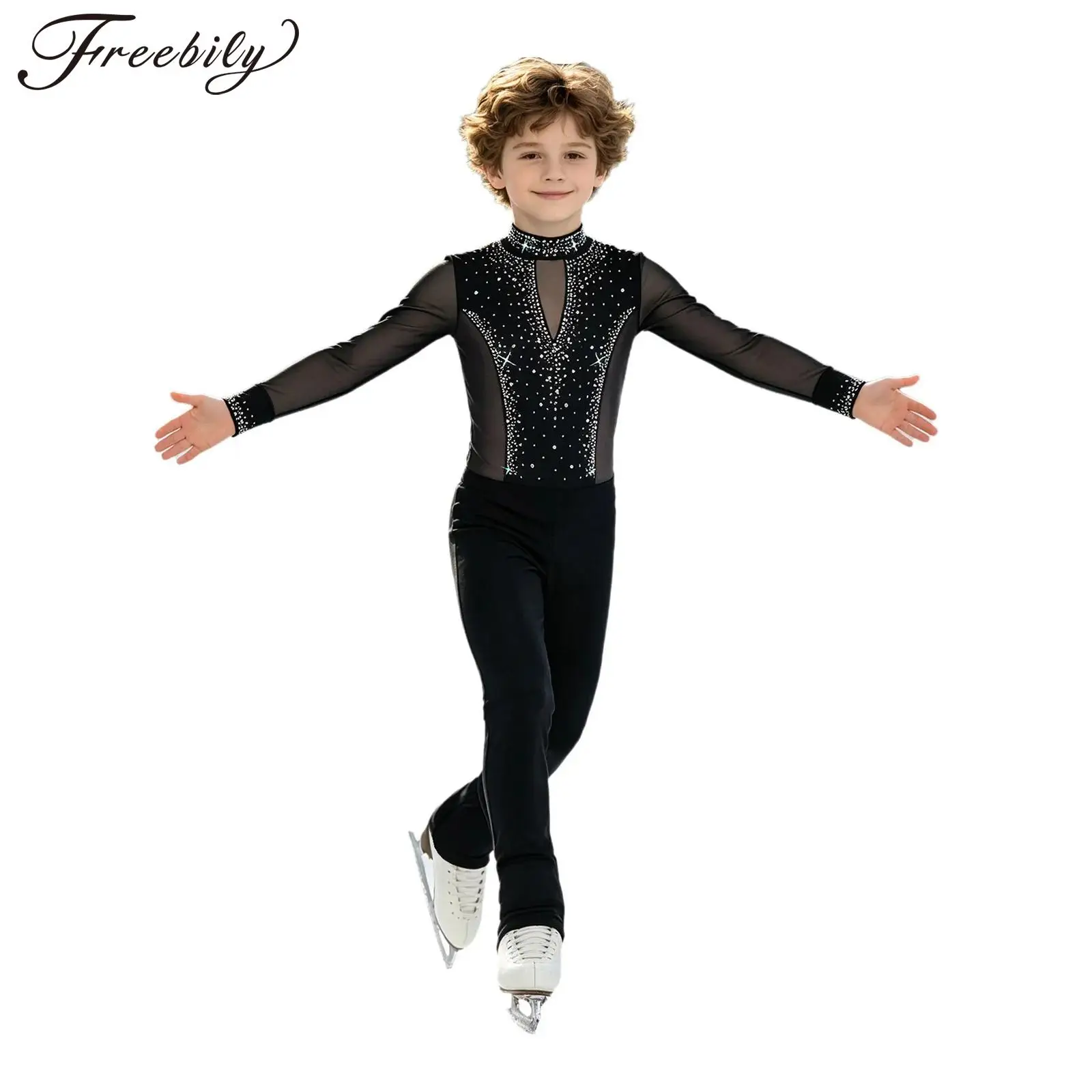 Kids Boys Figure Skating Gymnastics Leotards Latin Tango Samba Dance Costume Long Sleeve Mesh Shiny Rhinestone Ballet Unitards
