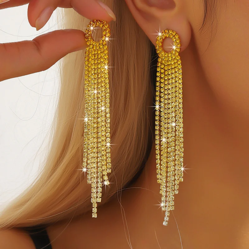 

European and American Cross-Border Rhinestone Alloy Geometric Long Tassel Earrings Street Style Bride Wedding Evening Elegant Ea