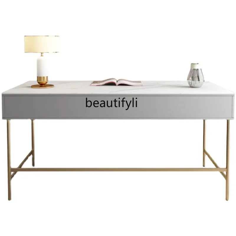 

Простой письменный стол для офиса и дома, компьютерный стол из нержавеющей стали с позолоченной каменной пластиной, стол из массива дерева