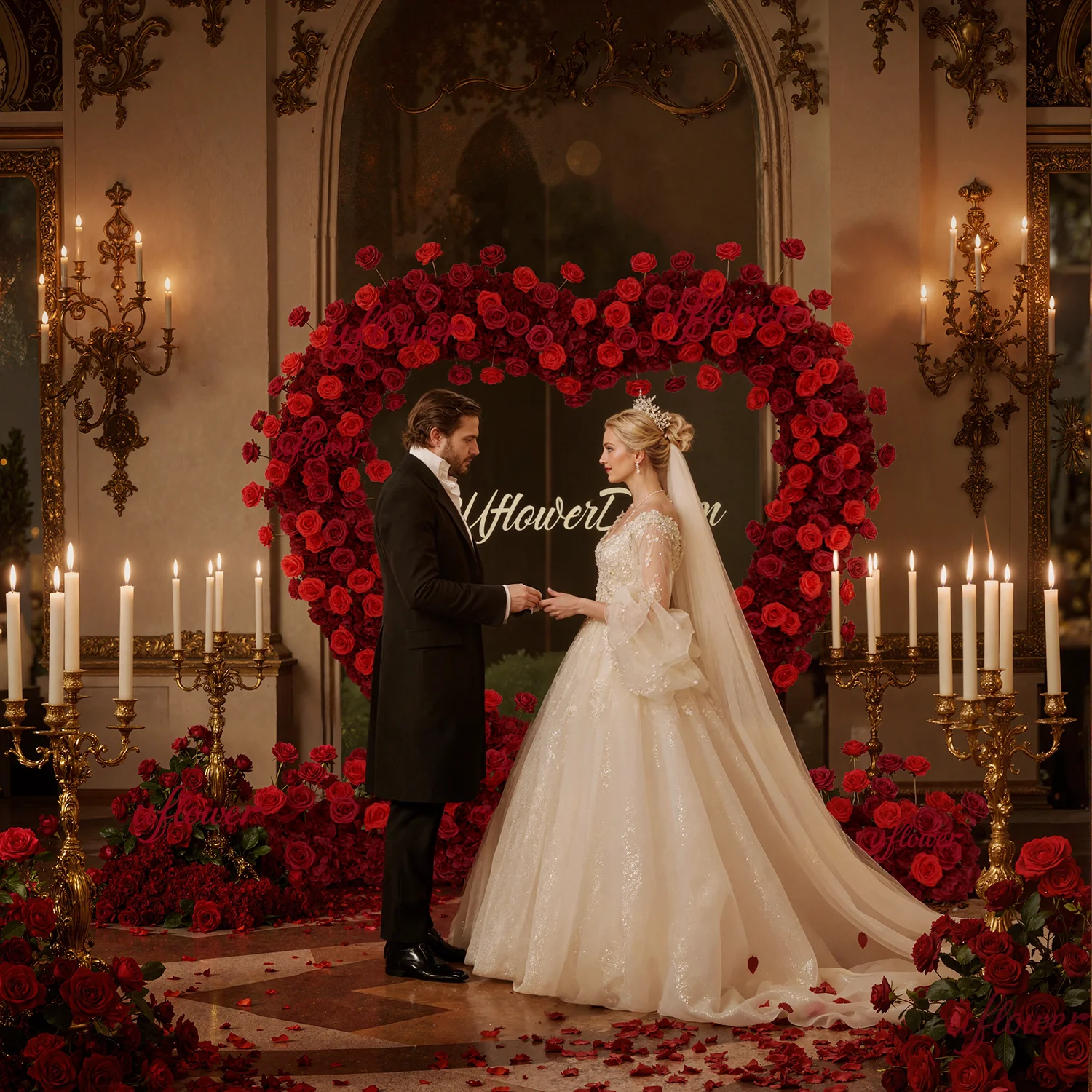 Uflower على شكل قلب إطار قوس الزفاف خلفية فاخرة تشكيلة زهور الورد الأحمر مع قاعدة القماش للمناسبات الخاصة