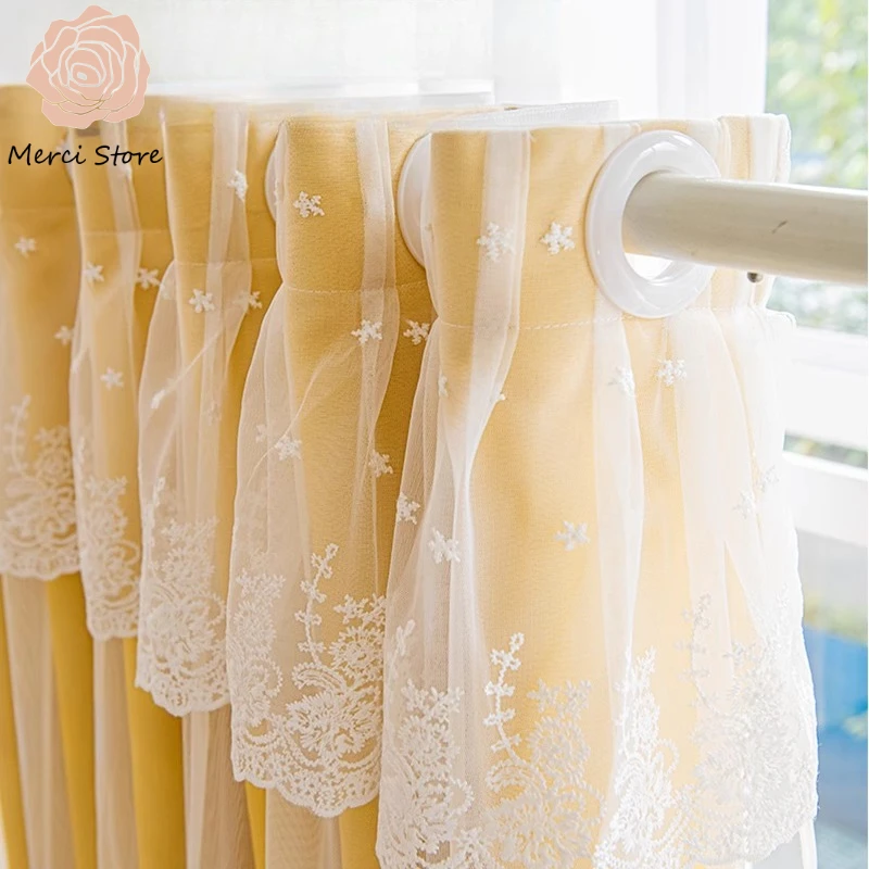 

Telescopic Rods Double Layer Lace Hole Free Curtains for Living Room Bedroom Window Cloth Integrated Full Light Shading Drapes
