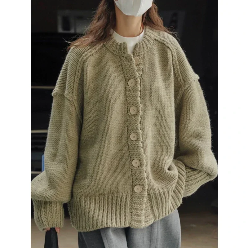 Cárdigan de moda para mujer, suéter holgado de manga larga de punto, Top de Color sólido, ropa de punto informal elegante para otoño e invierno 2025