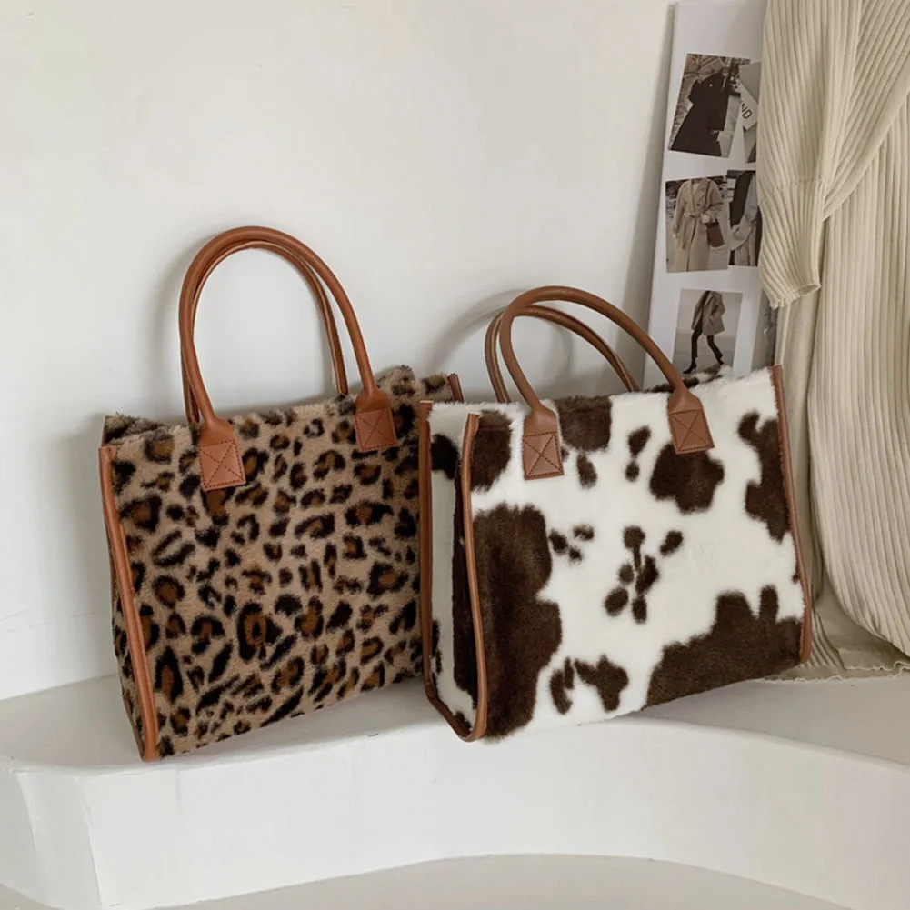 Damska torba robocza z miękkiego PU Leopard/Cow Print Winter Plush Handbag Casual Handbag Large Capacity for Daily Office Use Cute Purse