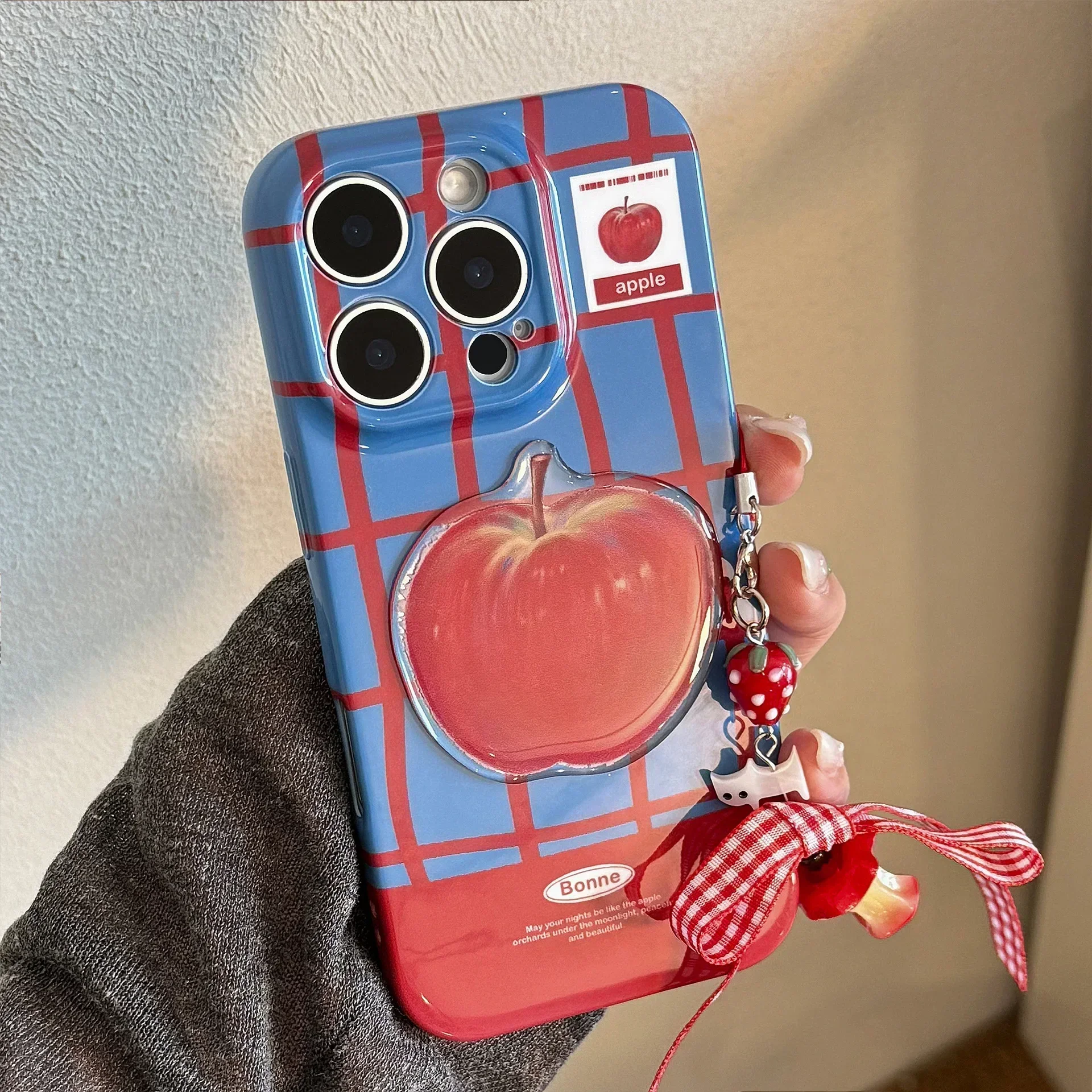 Korean Plaid 3D Red Apple Phone Case With Chain For iPhone 17 Air 16 15 14 13 12 11 Pro Max XS XR X 8 Plus Shockproof Hard Cover view 2