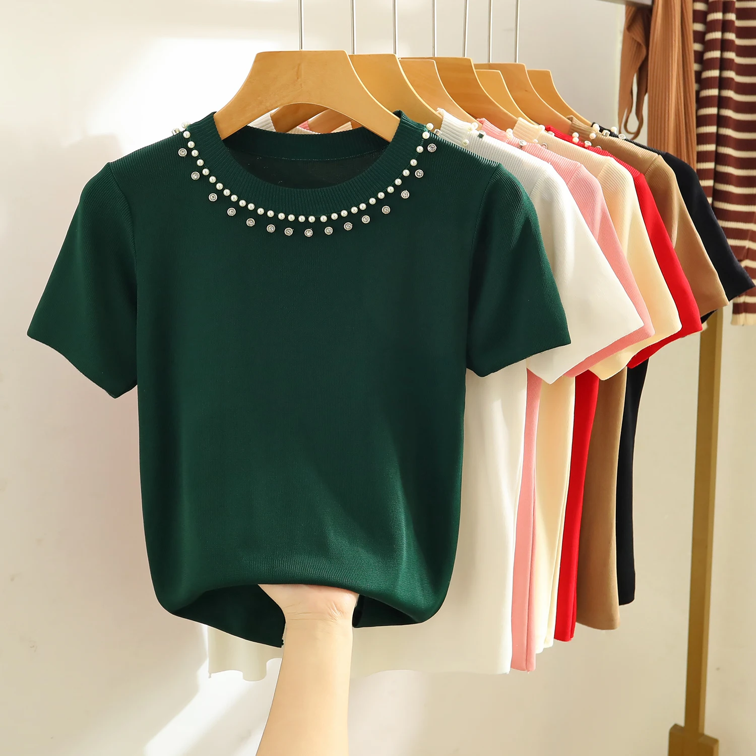 Beading Short Sleeve Knitted Shirt Summer Rhinestone Round Neck Solid Color Loose Tees Summer Versatile Ladies Knitwear