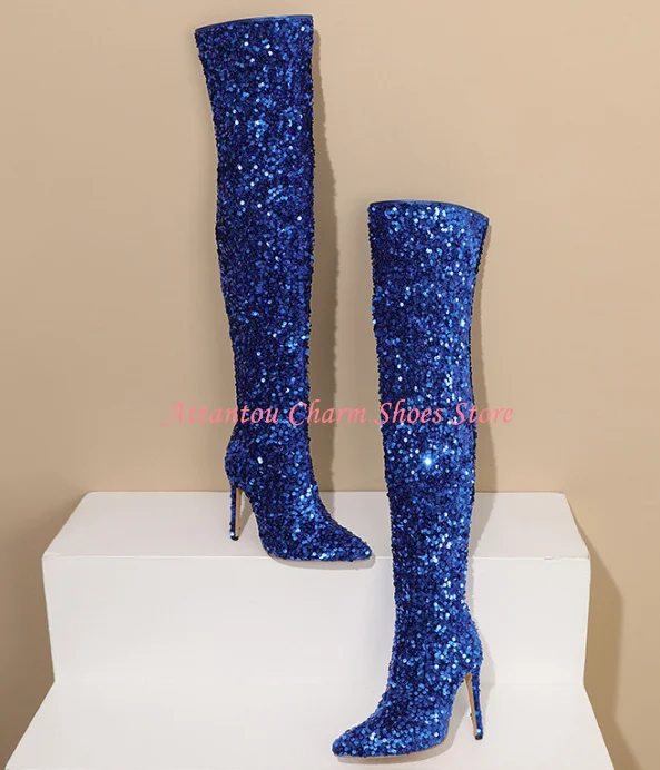 Sexy Bling Bling Sequin Woman Long Boots Fashion Thin Heel Over the Knee Boots Lady Large Size Stage Banquet Shoes