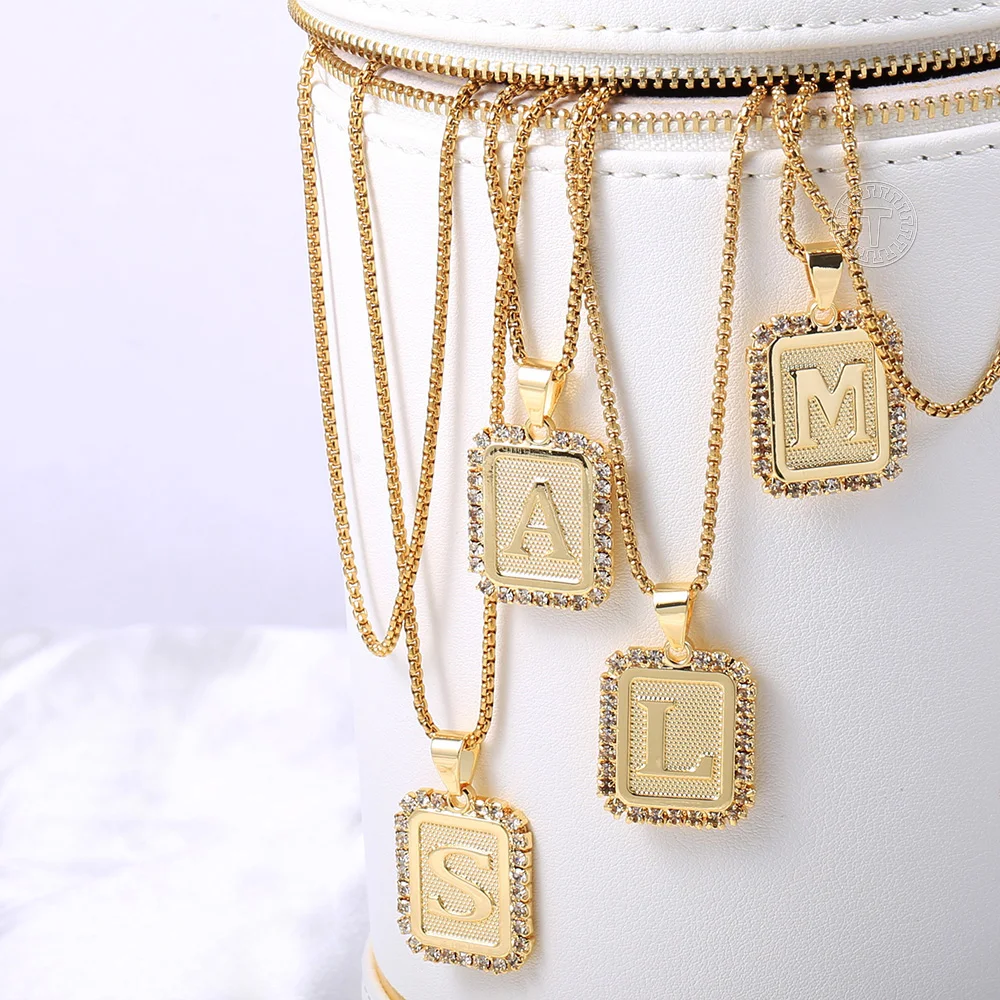 26 Letters Necklace Crystal Rhinestone Square Pendant Box Chain for Women Men A - Z Initia Name Jewelry Gift Wholesale GP441B