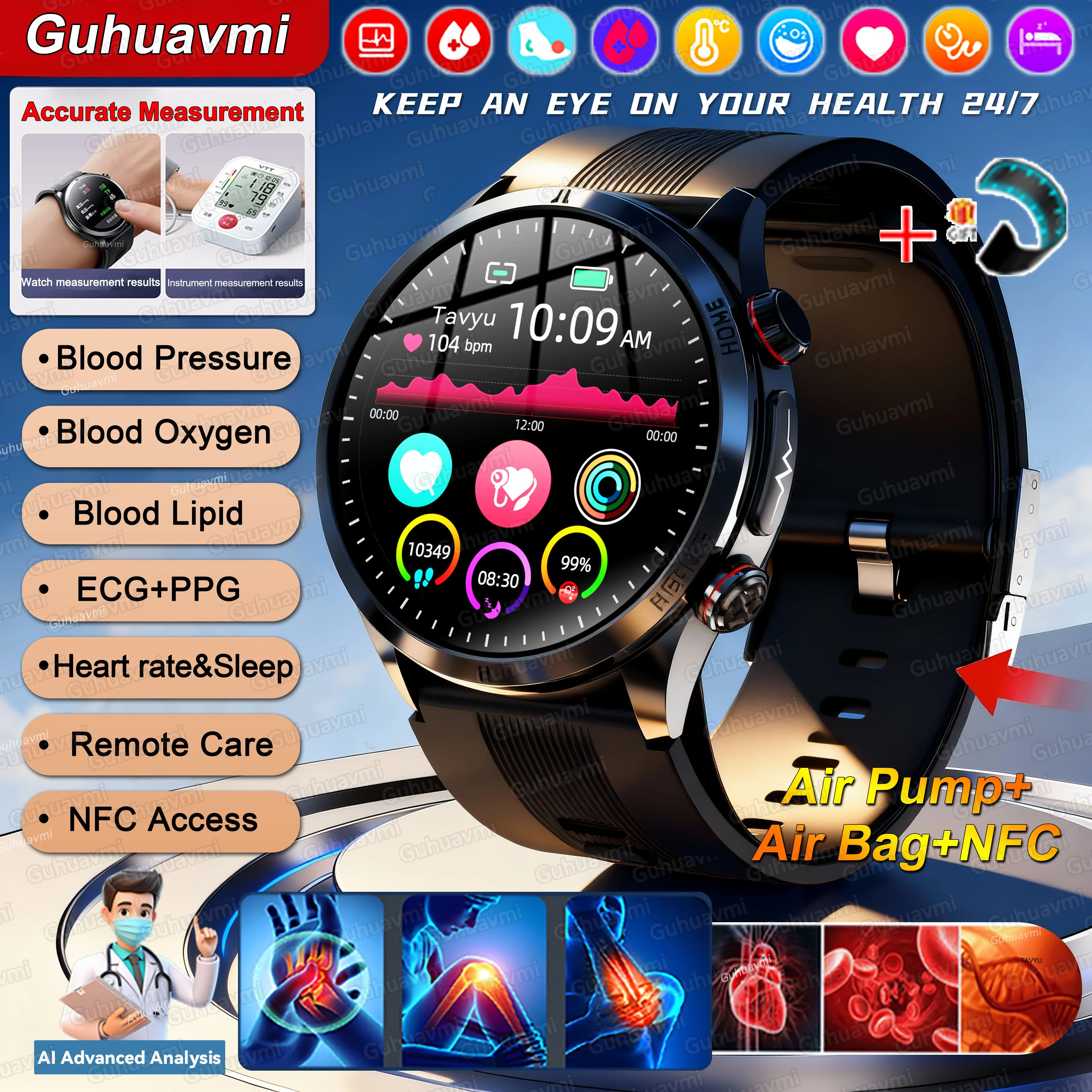 

2026New Air Pump Air Bag Smart Watch Health Clock Men Blood Pressure ECG+PPG Watch Heart Rate Call Health Tracker NFC Smartwatch