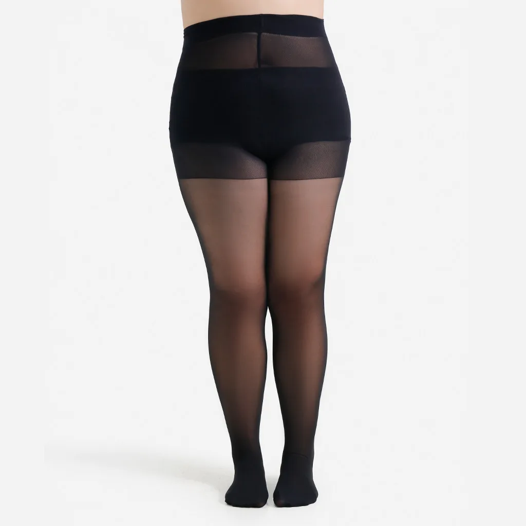 Damen Übergröße 4XL 20 Denier Schwarze Strumpfhose mit Sternenmuster auf der Rückseite Transparente Strumpfhose mit Formgebendem Bund – Detail 1
