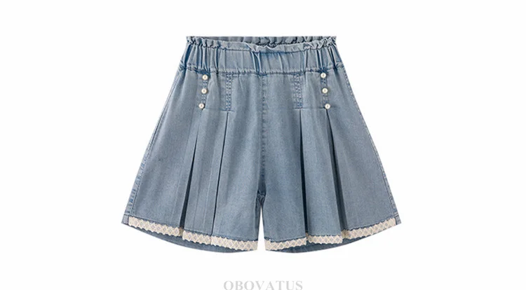 Sommer-Jeansshorts für Kinder mit Spitze am Saum, für Mädchen, elegante, plissierte Mini-Jeansshorts mit Perlen, Größe 5, 7, 9, 11, 13, 14 Jahre. – Detail 10
