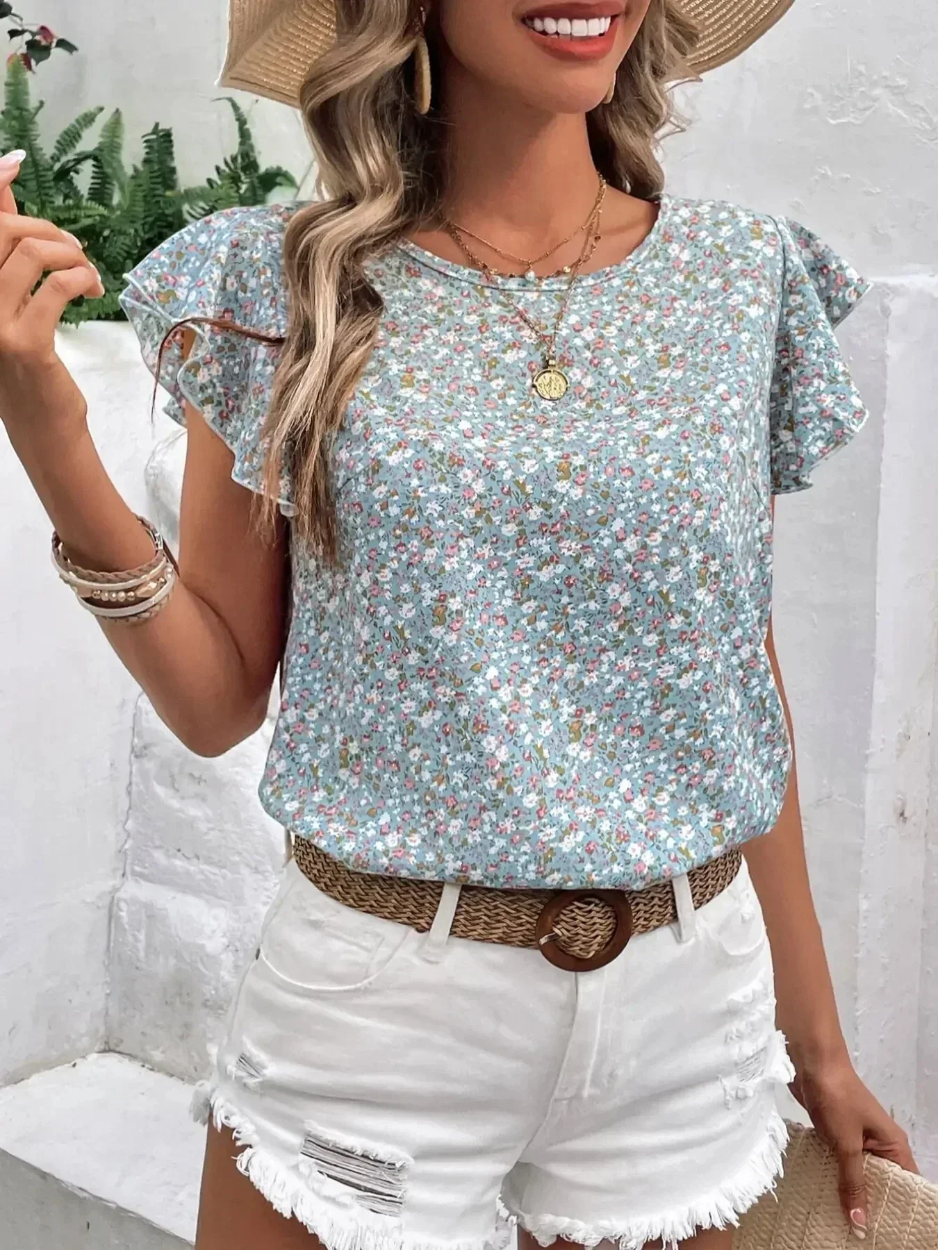 

Women's S-2XL size Elegant Summer Fashionable Round Neck Flying Sleeve Floral Shirt Breathable Casual Chiffon Shirt