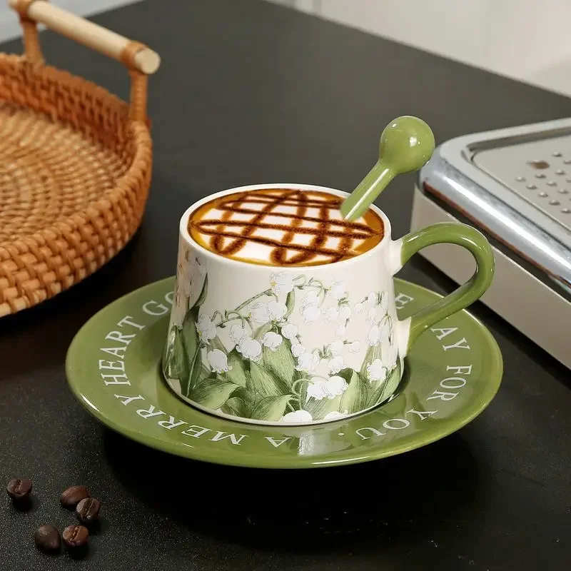 Original Hand-Drawn Lily of the Valley Ceramic Coffee Cup and Saucer Set - Unique Latte Mug for Afternoon Tea - Exquisite Gift