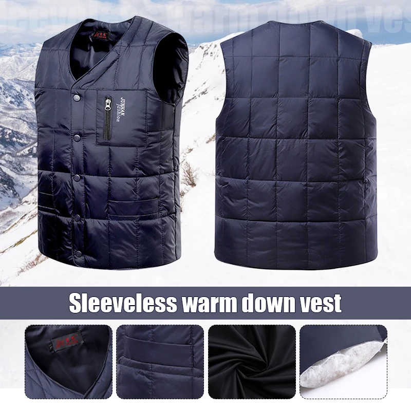 2024 Autumn Winter Men Jacket Vest Man Middle-Aged And Elderly Plus Size Lightweight V-neck Vest Lining Warm Dad Wear