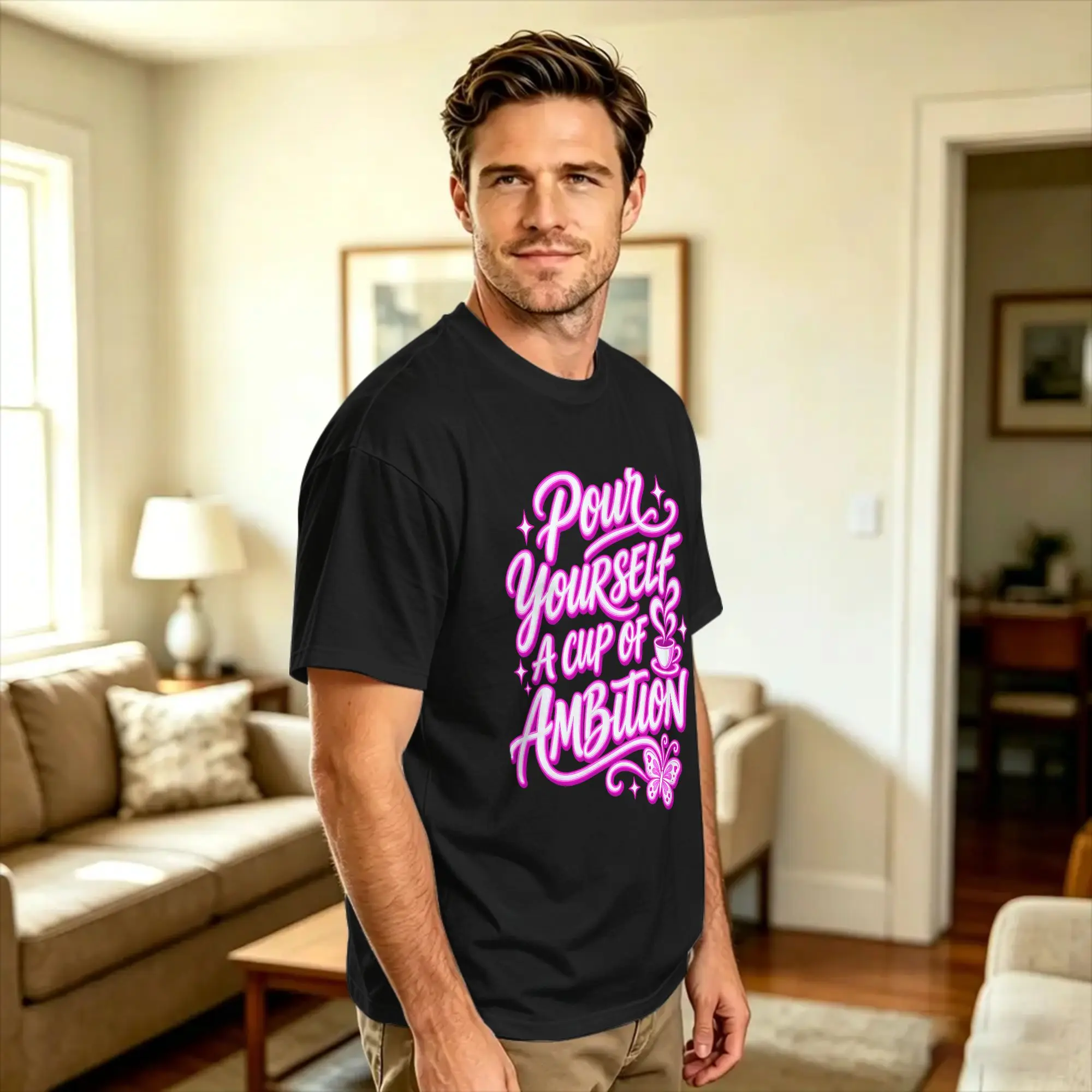 Pour Yourself A Cup of Ambition Pink T-Shirt Man  Y2K Funny T-Shirts Summer O Neck Harajuku Tees Casual Oversize Clothing