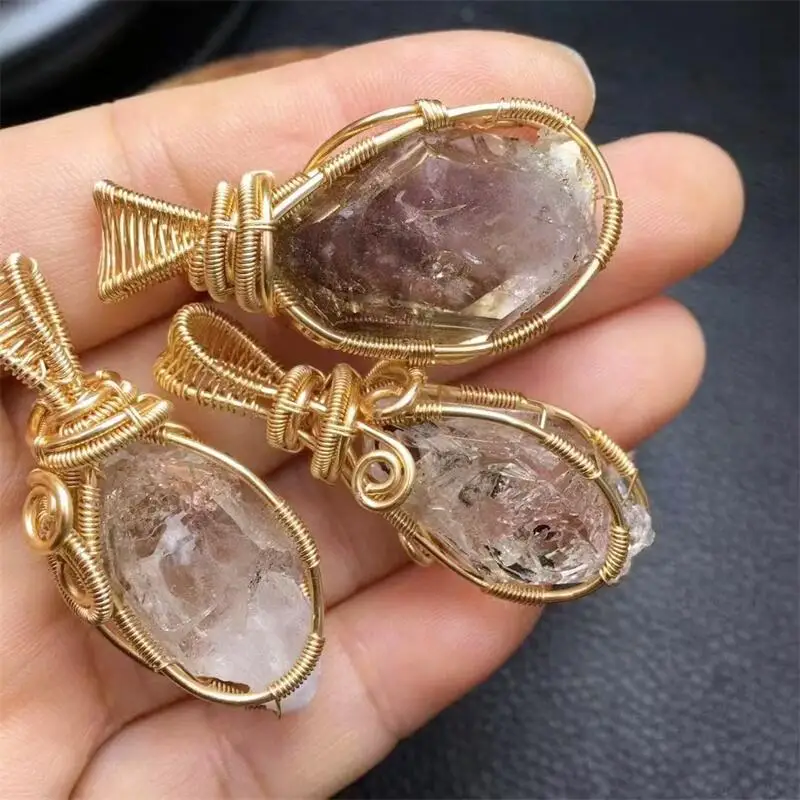 Natural Smoky Golden Herkimer Diamond Wrapped In Copper Wire Pendant Crystal Stone Carved Fashion Holiday Gifts 1PCS