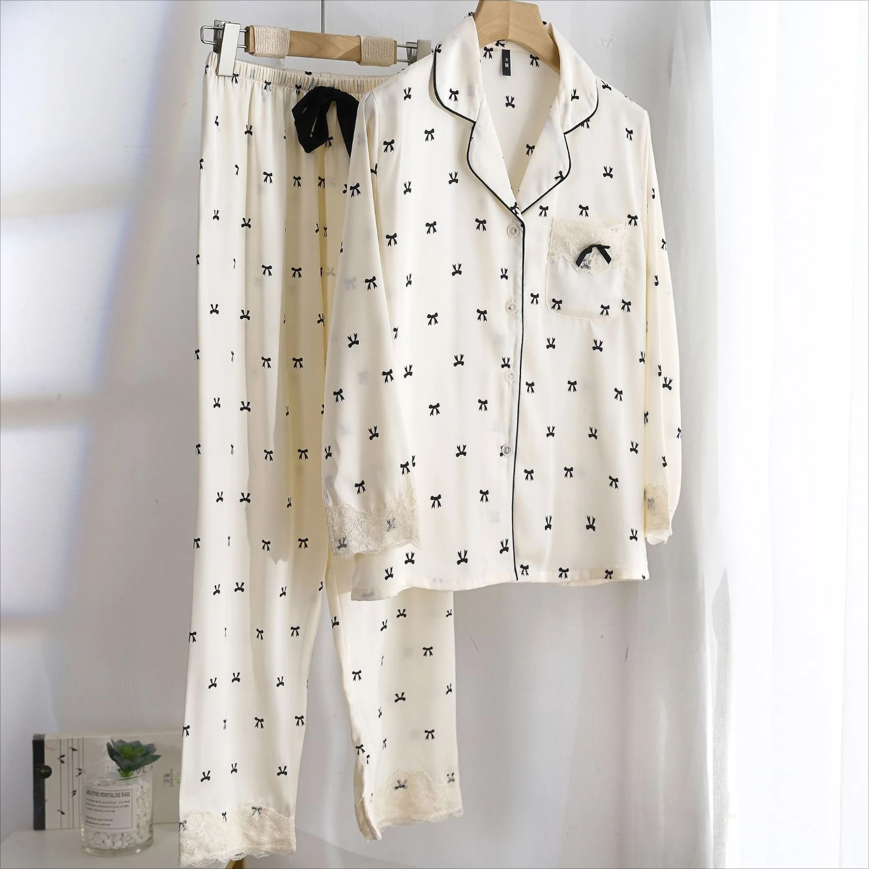 Women 2PCS Pajamas Set Spring Summer Long Sleeve Trouser Pijamas Suit Lingerie Lace Sleepwear Female Satin Home Wear Clothing