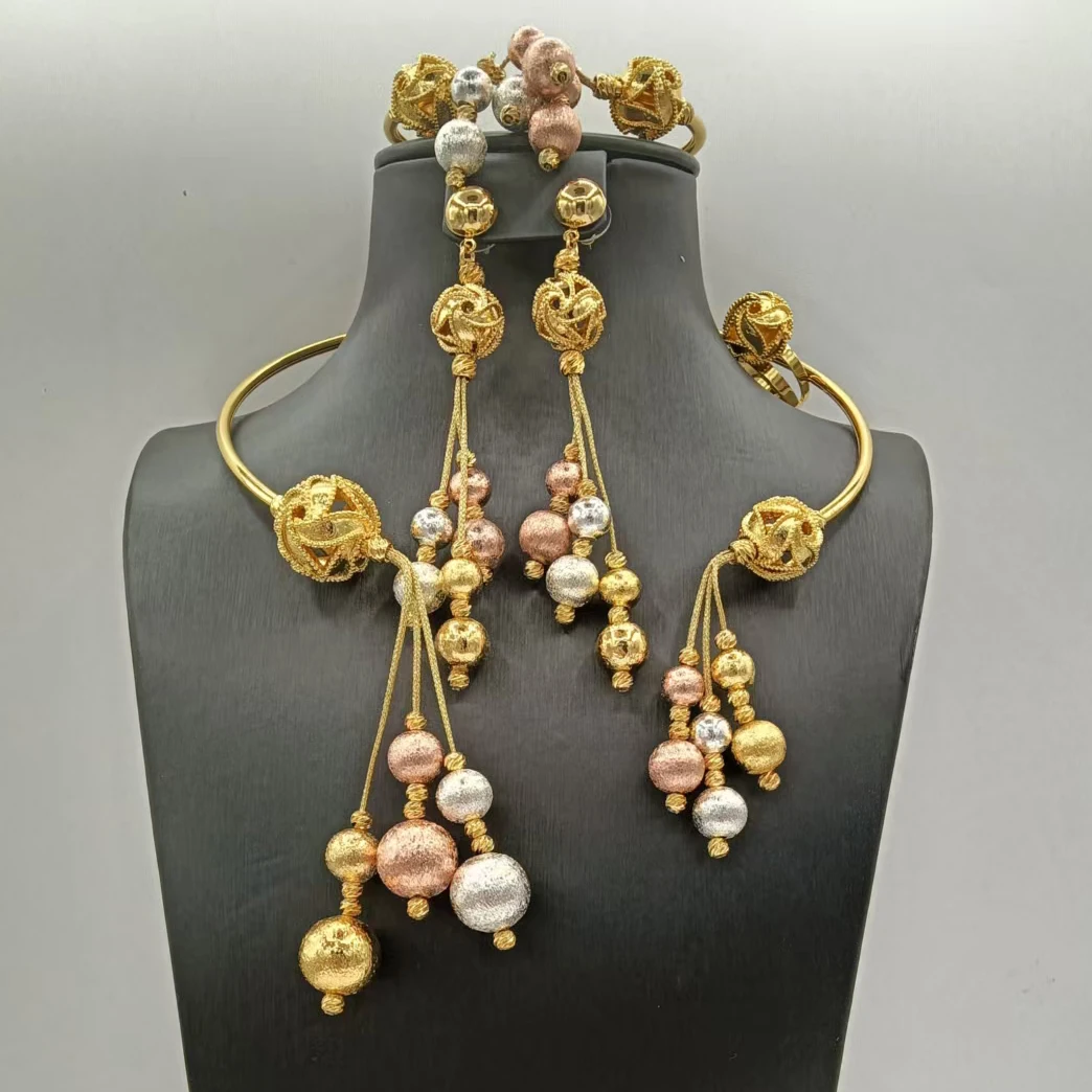 Tri Color 18K Gold Plated Tassel Jewelry Set For Women African Dubai Bridal Choker Necklace Drop Earrings Bangle Ring Luxury