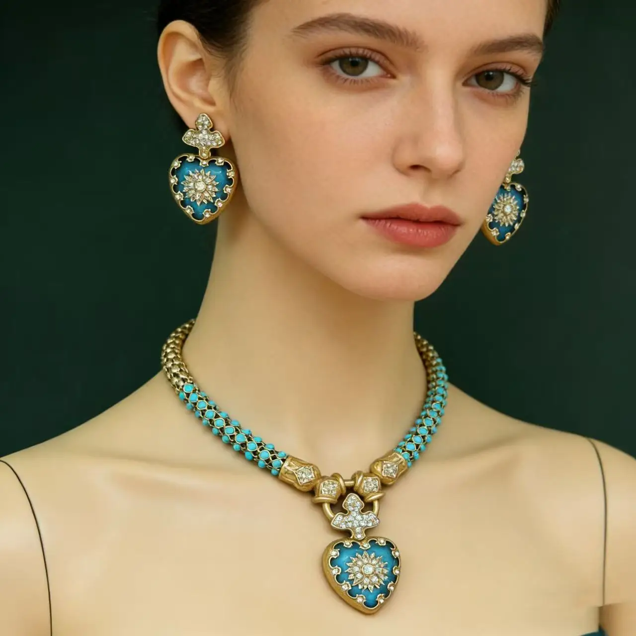 Vintage Blue Turquoise Heart Cross Jewelry Set, Distressed Finish Necklace Earrings 2 Piece Set M1029