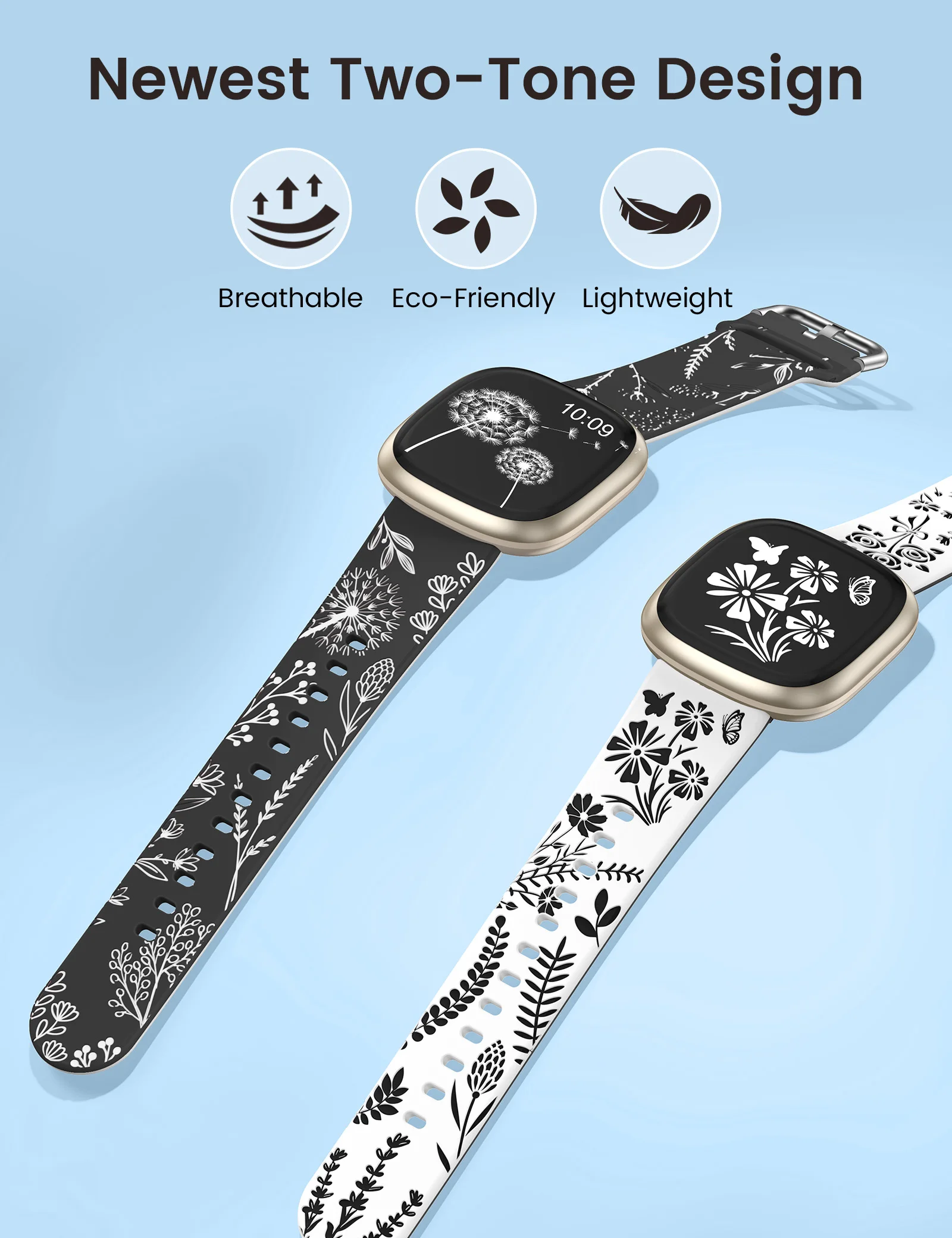 Wearlizer 2 packs Floral Engraved Band for Fitbit Versa 4/Versa 3/Sense 2/Sense Bands Women Two-Tone Soft Silicone Sport Strap