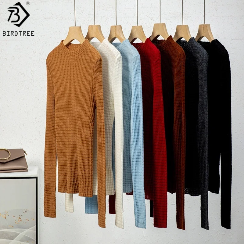 

Birdtree 100% Sheep Wool Knitted Solid Undershirt,Women Mock Neck Full Sleeve Shirt,2025 Autumn Soft Warmth Pullover T59819JF