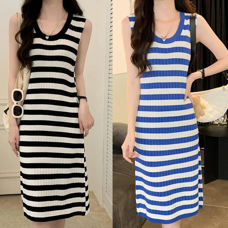 2023 Women's Wear New Korean Style Round Neck Contrast Color Striped Sleeveless Casual Dresses Midi Dress