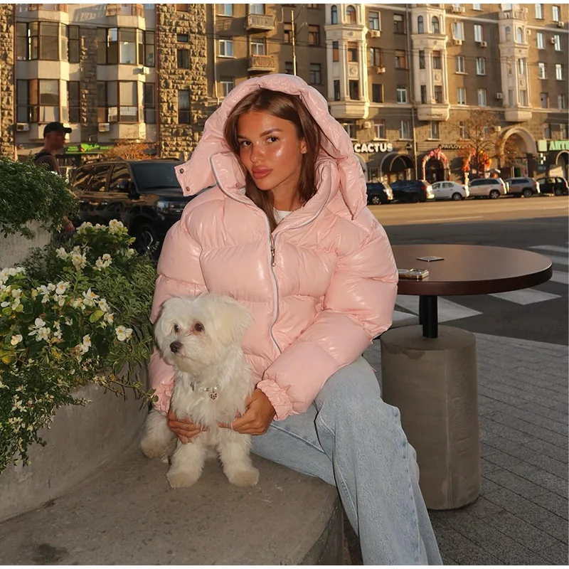 Chic Reflective Fabric Lace Up Hooded Cotton Jacket Women Stand Collar Full Sleeve Zipper Warm Overcoat 2026 Winter Lady Outwear