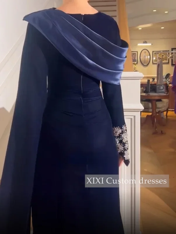XIXI Customized Luxury Evening Dresses Sheath Split Scoop Neckline Zipper Up Prom Dresses Long Sleeves Floor-Length Vestidos De