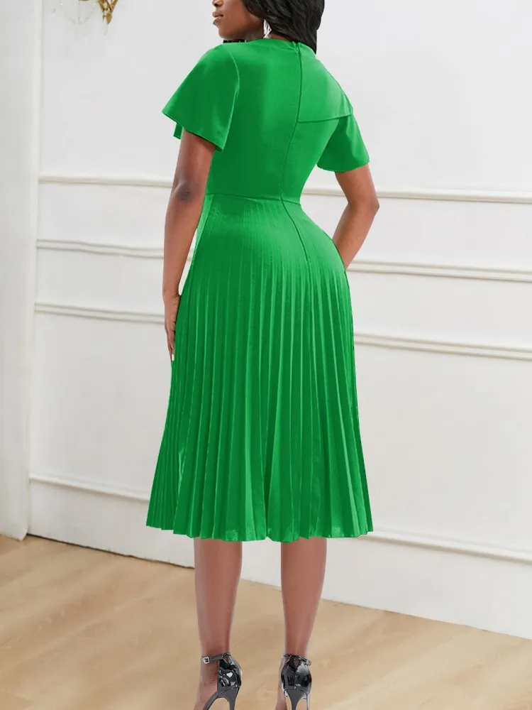Elegant Women Dress Spring Summer New Fashion Ruffle Edge Short Sleeve Pleated Dress Party Vestido Midi Robe Femme Sexy Clothes