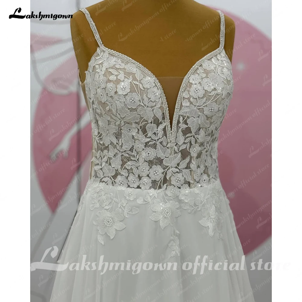 Lakshmigle gaun pengantin renda bunga tali Spaghetti untuk wanita gaun pengantin sifon applique A-Line disesuaikan