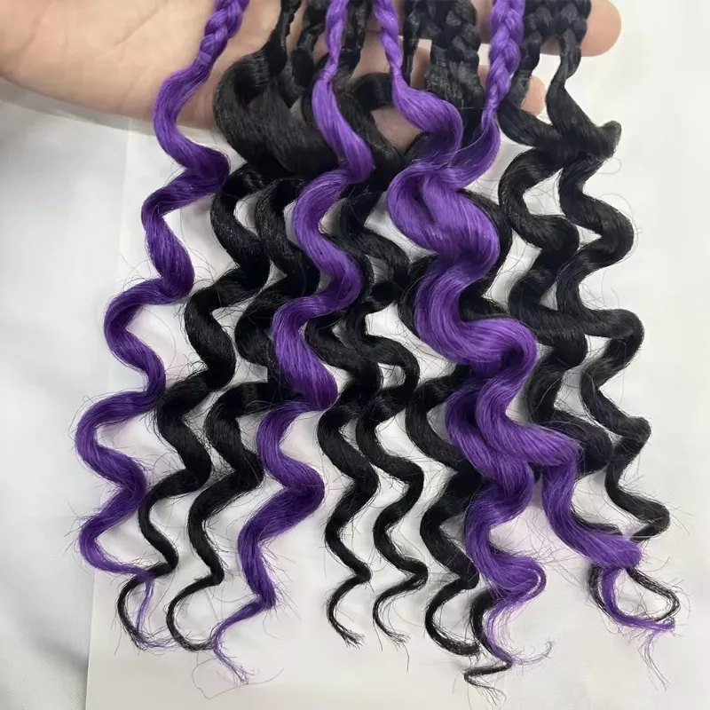 New arrival kids knotless braids with butterfly clips and furry hair ball highlight purple color 14inch box braids curly ends