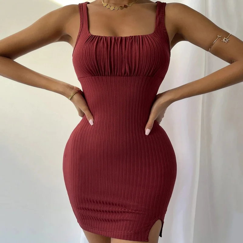 

YQ1-Women's Clothing2026Spring Summer New Sexy Slit Slim Fit Elegant Spaghetti Strap Knitted Dress Bodycon Dress