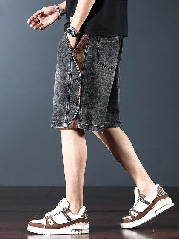 High-End Retro Patchwork Color Block Men's Denim Shorts Summer Trend Loose Washed Five-Point Casual Pants Straight Leg Fit