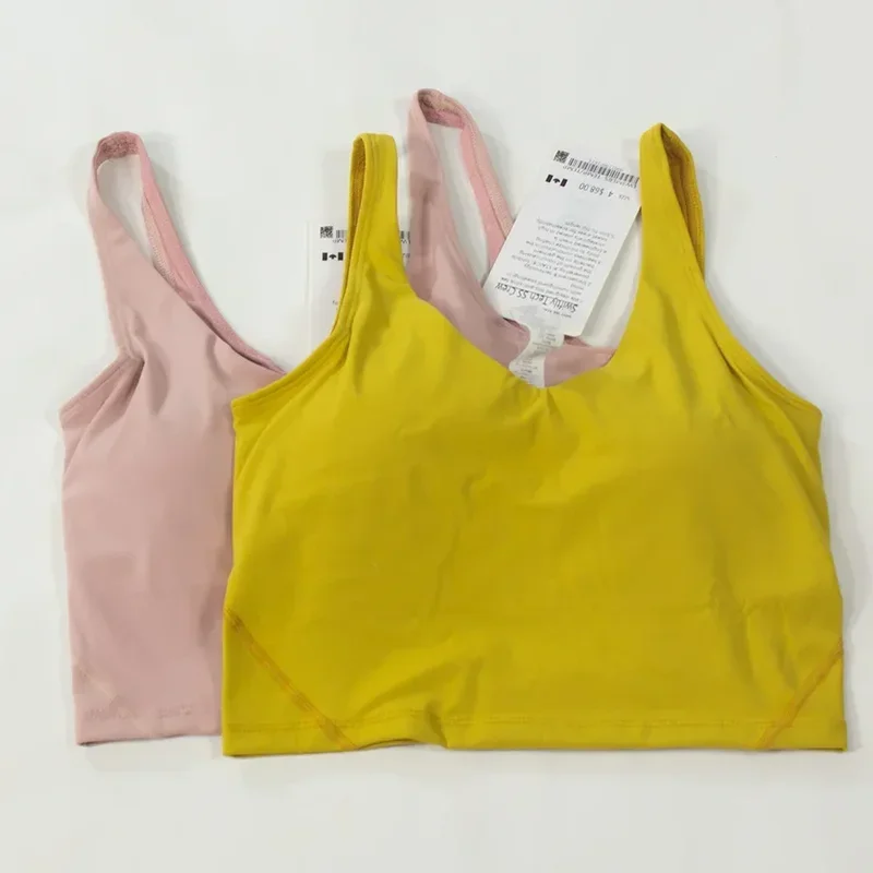 Traje de yoga en forma de U para mujer con parche en el pecho incorporado para una sensación desnuda y agradable para la piel, camiseta sin mangas y sujetador para ejercicio físico