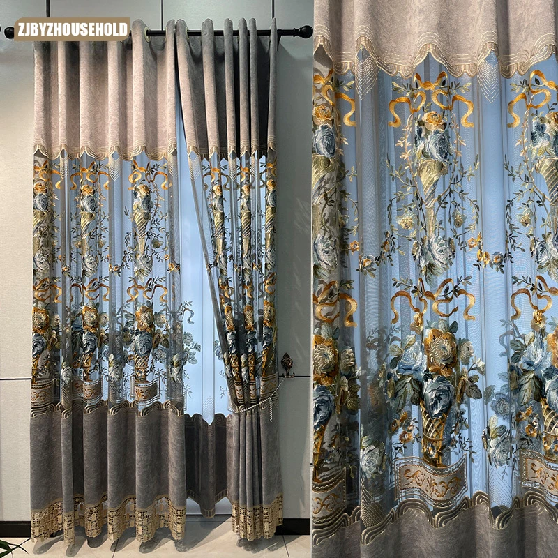 European-style Curtains for Living Dining Room Bedroom Chenille Villa Floor-to-ceiling Window Hollow Embroidery Curtains