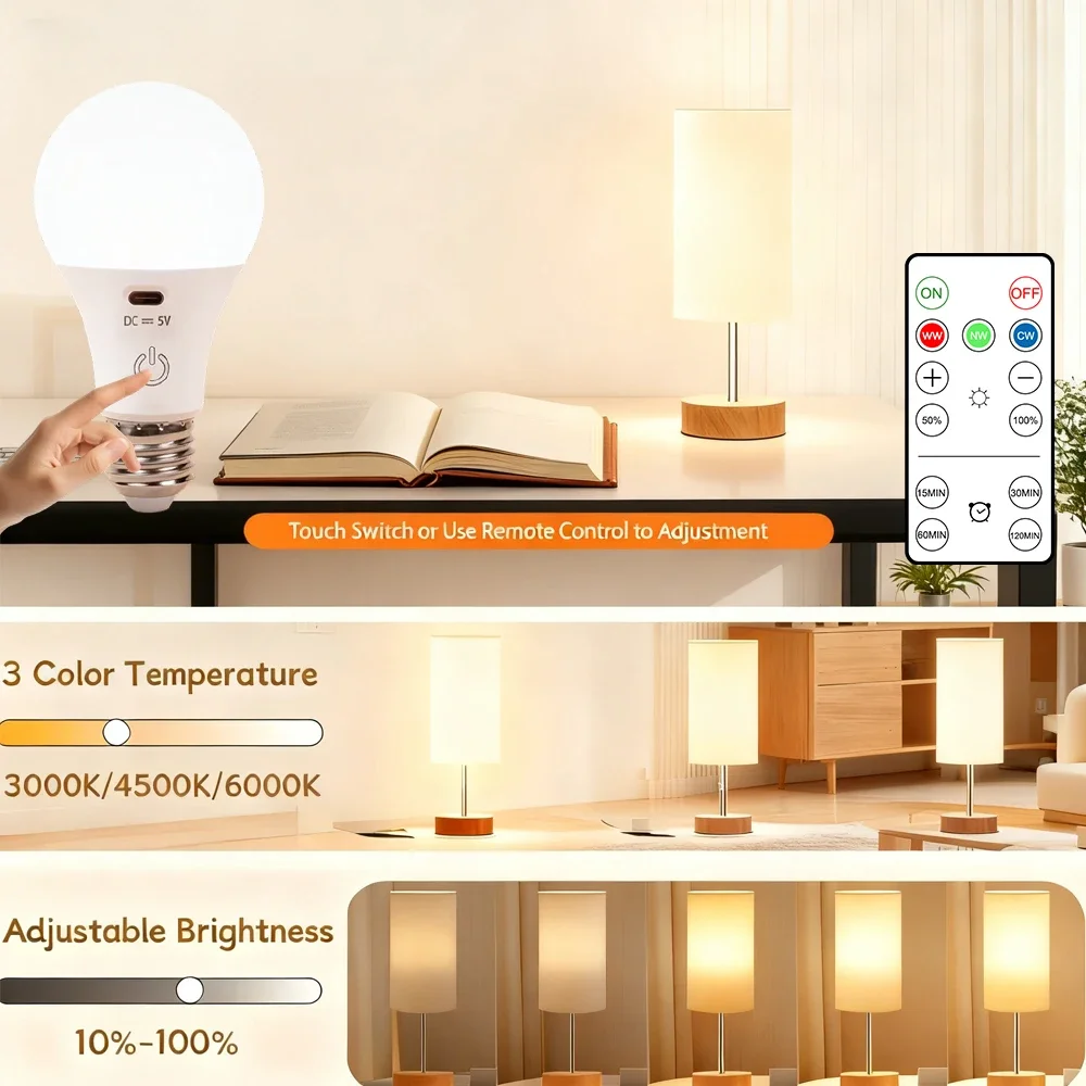 RGB/3 Color USB Led Bulb Rechargeable Light Bulb Smart Bulb Dimmable E27 Bulbs with Timing Cordless Battery Operated Light Bulb